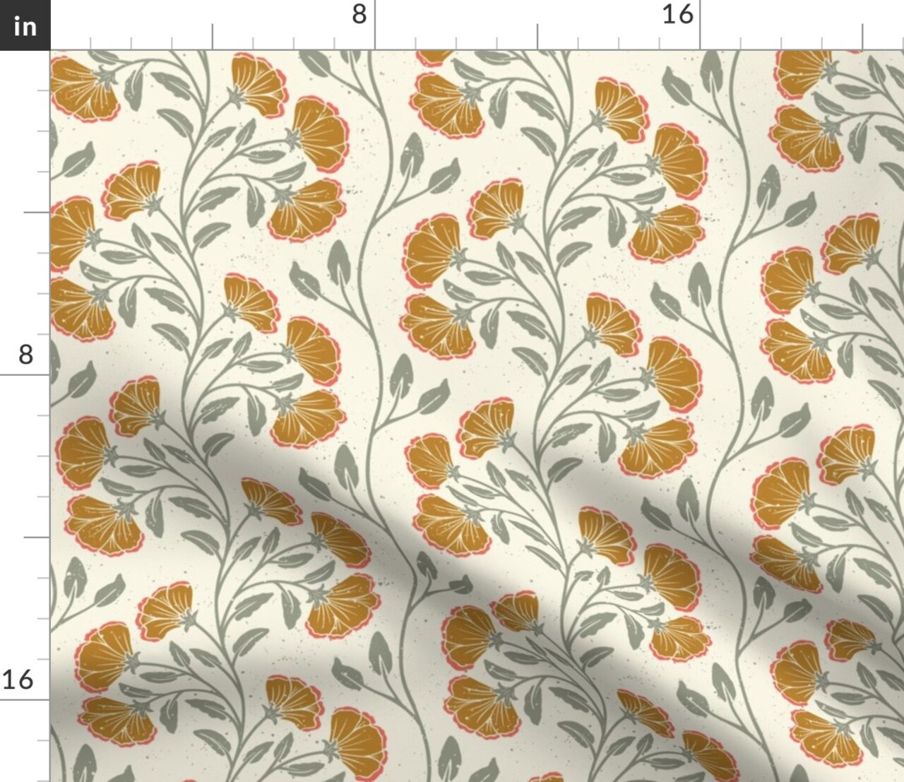 Folk Floral Sage Green Bohemian Boho Stripes Block Print Refined Elegant Flower Mustard Gold Beige Custom Printed Fabric by Spoonflower Various Fabrics by the Yard or Fat Quarter